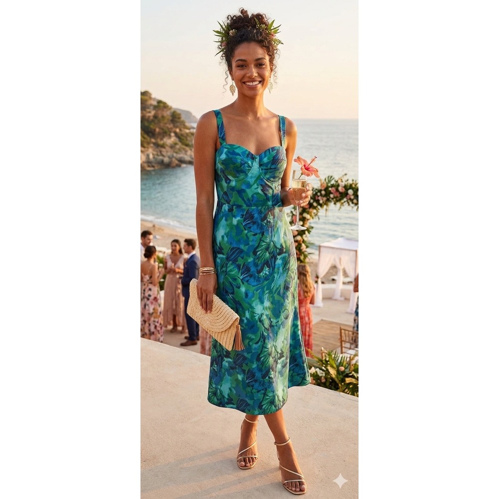 Lulus Green Blue Floral Satin Bustier Midi Dress L‎ Milkmaid Destination Wedding